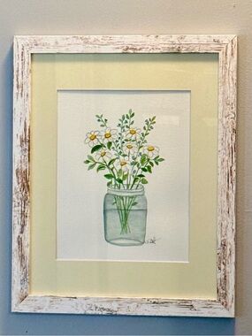 Farmhouse decor. Framed Original Watercolor Daisy Bouquet in Mason Jar